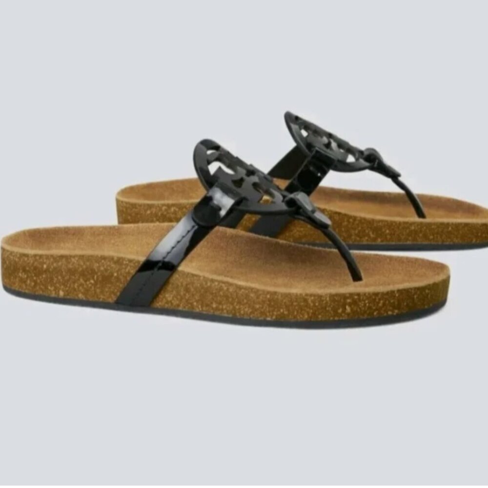 Tory Burch Miller Cloud Sandals – Black Patent Leather / Suede Footbed – Size 9